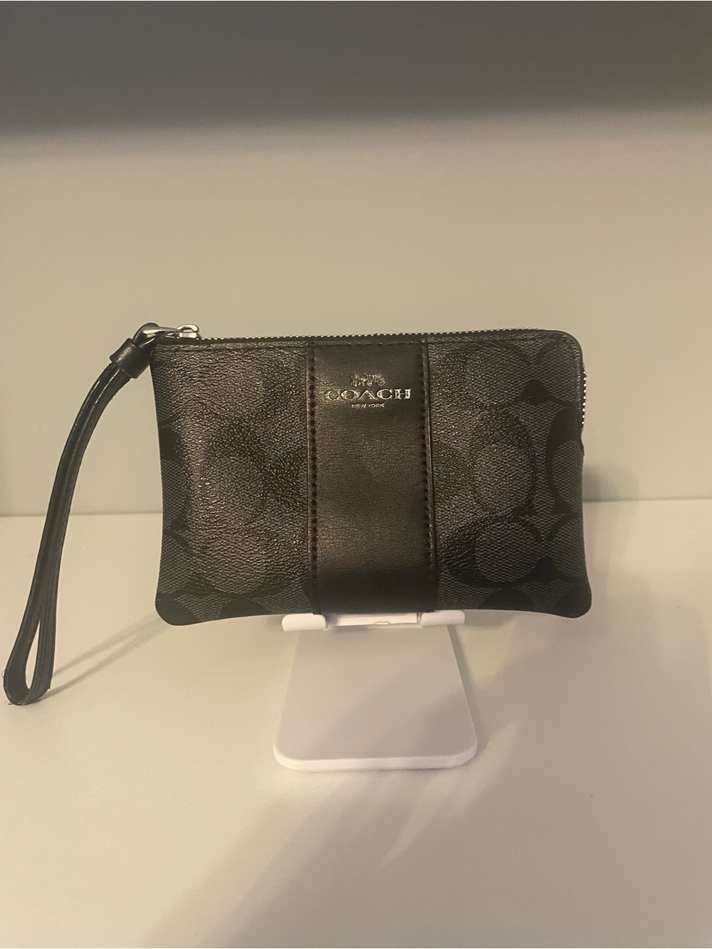 Coach Black Signature Wristlet with Leather Trim
